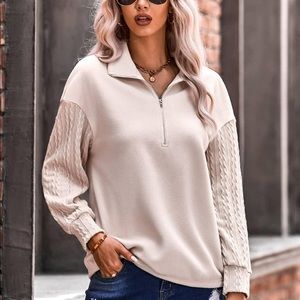 Cream Quarter Zip Dropped Shoulder Spliced Sweatshirt
